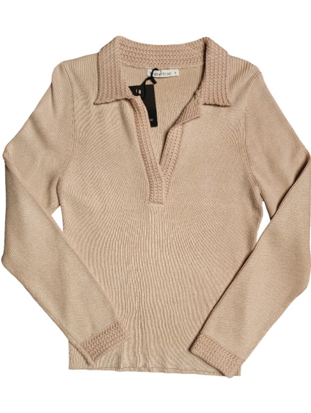 BRAVE+TRUE Women's Mimi Ribbed Knit Cream Blouse V-Neck Crochet Detail Sz M NWT